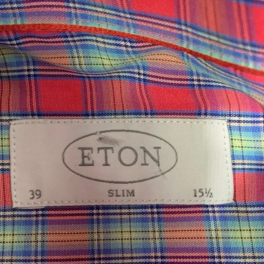 ETON Button Down Dress Shirt 15.5 / 39 Men Slim Salmon Coral Plaid Easter Spring